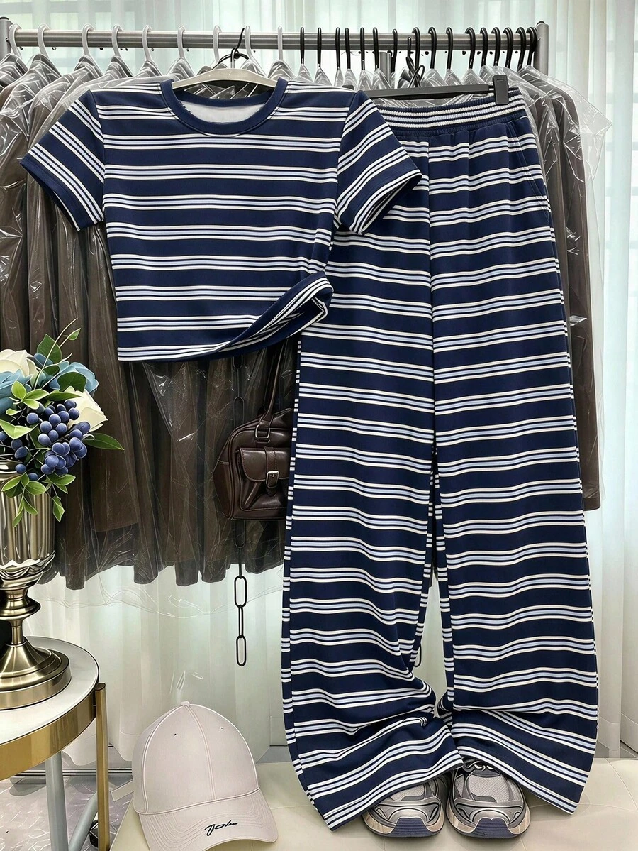 Teen Girl Casual Colorblock Sporty Preppy White Crew Neck Short Sleeve T-Shirt And Loose Long Pants 2-Piece Set Suitable For Spring Summer - Multicolor - View 1