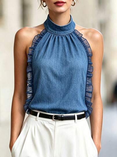 SHEIN Women's New Autumn/Winter Ruffle Halter Neck Casual Vacation Elegant Tank Top