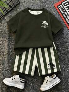 SHEIN Baby Jungen Lässig Minimalistisch Kokosnussbaum Muster Rundhals T-Shirt und Shorts Set, geeignet für den Sommer - Verschiedenfarbig - Übersicht 2