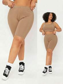 SHEIN BASICS 大尺碼高腰單車短褲女款夏季穿搭 - 駝色 - 查看 1