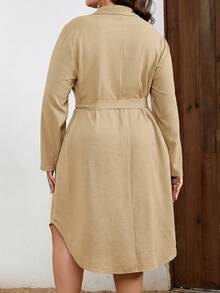 EMERY ROSE Plus Size Women's Solid Color Long Sleeve Single-Breasted Casual Shirt Dress Fall - Khaki - View 2