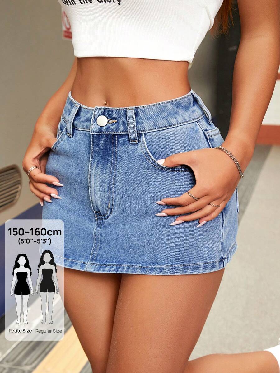 SHEIN PETITE 女款純色牛仔裙褲,斜口袋設計,適合嬌小女性 - 藍色 - 查看 1
