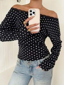 SHEIN EZwear 女款波點露肩休閒百搭日常穿搭上衣 - 黑色 - 查看 8
