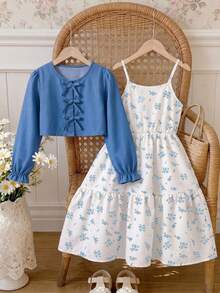 SHEIN 2pcs/Set Girls' Spring/Autumn Casual Knitted Ribbed Bow Decor Cardigan Top And Printed Spaghetti Strap Simple Dress, Fall Dresses - Blue - View 3