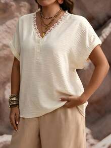 Linhara CURVE Plus Size Women's Solid Color Contrast Lace Trim Short Sleeve Blouse, Summer Casual Loose Fit Shirt - Apricot - View 8