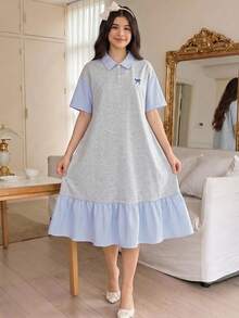 青少年女孩 Polo 領條紋刺繡圖案短袖中長洋裝，適合青少年女孩，對比色荷葉領花瓣袖印花洋裝，適合學校、戶外活動、購物，鈕扣洋裝 - 彩色 - View 3