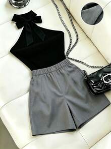 Elenzga Französische Mode Lässig Sommer Elegant Pendler Farbblock Neckholder Grau 2 in 1 Skort Set - Schwarz - Übersicht 2