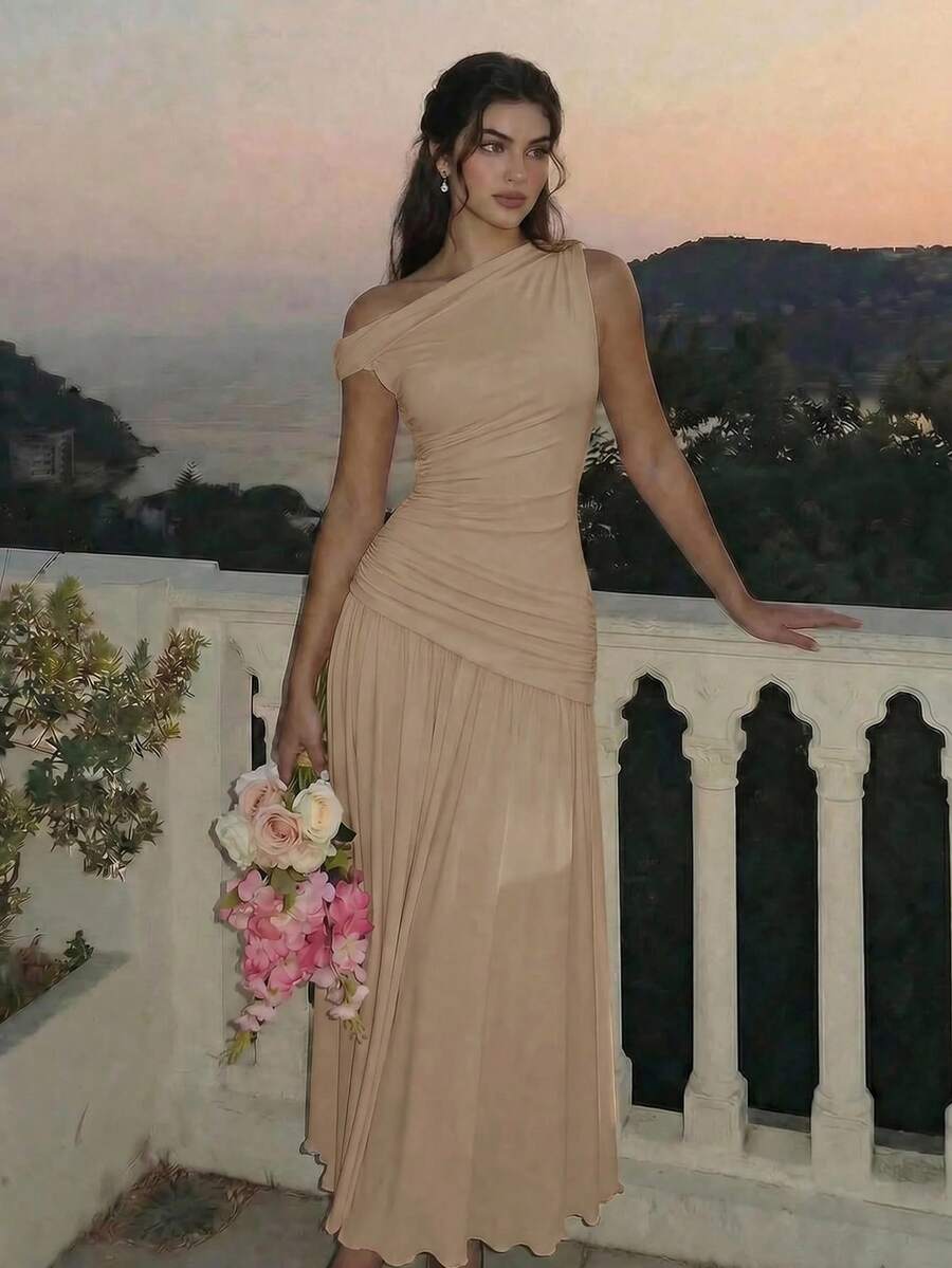 SHEIN MOD 女款素色不對稱領褶皺優雅休閒性感收腰洋裝,適合派對、晚餐、約會、畢業典禮、海灘婚禮,米色夏季款 - 杏色 - 查看 1