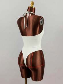 Sirith Seamless Knit Deep V-Neck Backless Halter Bodysuit Backless Style - Light Grey - View 3