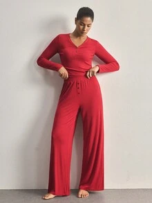 Ocili Setelan Pakaian Santai Wanita Atasan Lengan Panjang Leher V Warna Polos dan Celana Panjang - Merah - View 2