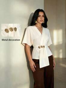 RiviMae Women's Fashion Metal Decor Waist Cinched Asymmetric Hem Blouse, Summer - Apricot - View 1