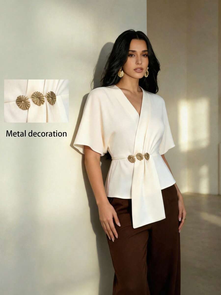 RiviMae Women's Fashion Metal Decor Waist Cinched Asymmetric Hem Blouse, Summer - Apricot - View 1