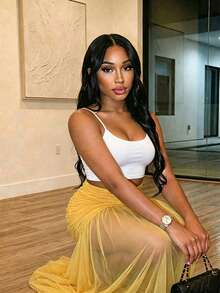 VaVaBold Women's Solid Color Ruched High Waist Mesh Skirt For Vacation Beach Pastel Yellow Summer Sexy - Yellow - View 4