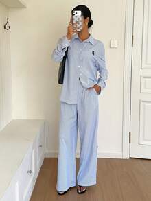 SHEIN EZwear 藍色條紋編織襯衫與長褲休閒套裝 - 藍白色 - 查看 5