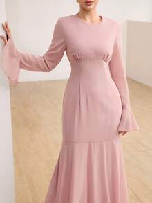 Graceveil Elegant Polka Dot High Neck Flared Sleeve Cinched Waist Mermaid Dress - Pink - View 5