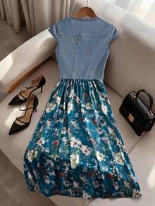 Qadelle Women's Patchwork Floral Print Notched V-Neck Cap Sleeve Elegant Denim Dress - Blue - View 2