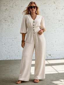 Ceyna Fashion Loose Casual Long V-Neck Short Sleeve Jumpsuit Fall - Khaki - View 5