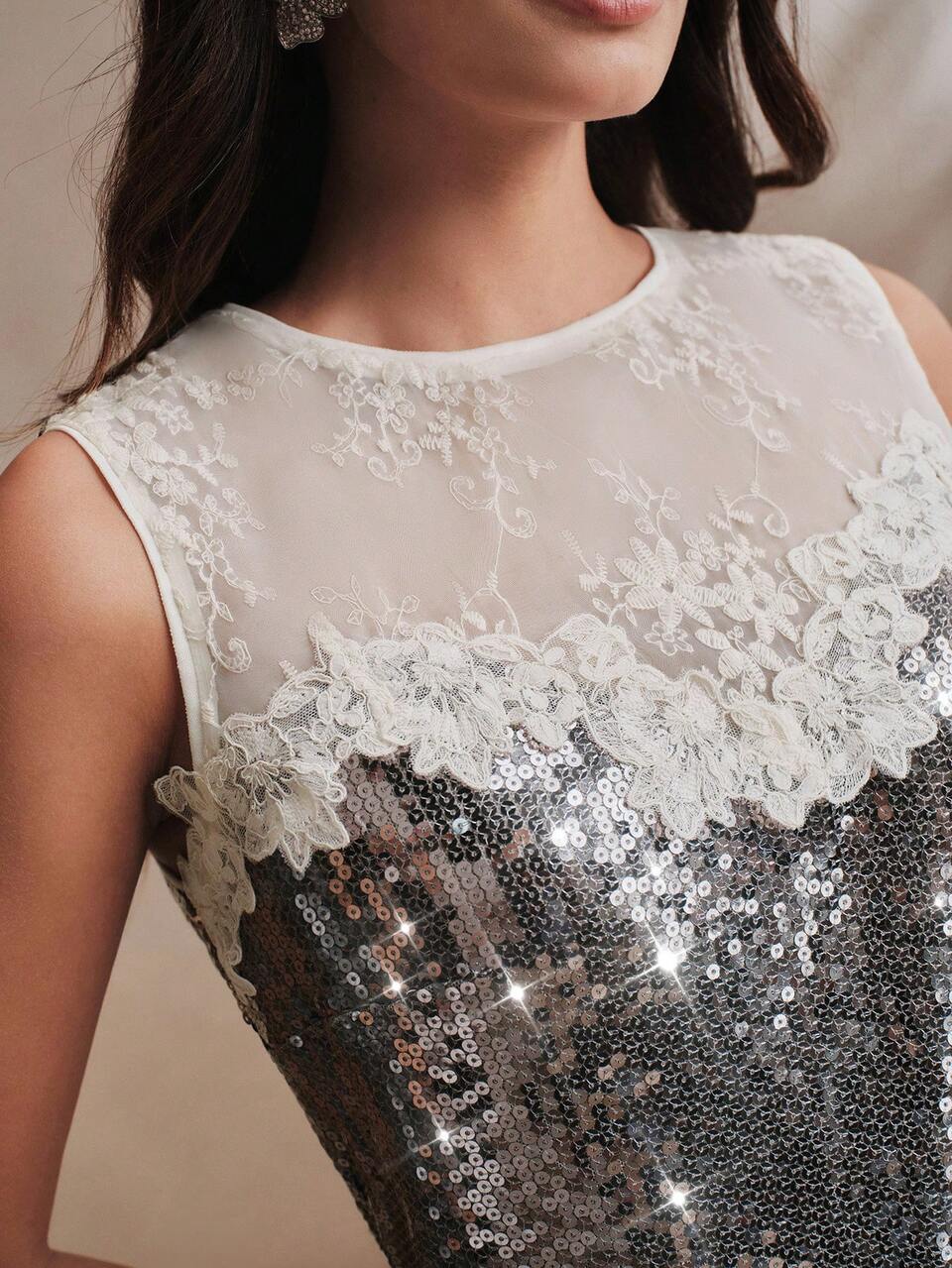 Anewsta Summer Elegant Sexy Luxury Sleeveless Heavy Lace Patchwork Sequin Tank Top With Skirt Cream White Floral Women's Two Pieces Set Cocktail Party