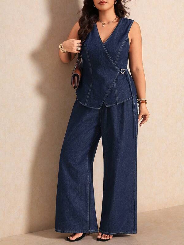 Elaquor Set di 2 pezzi Gilet e Pantaloni in Denim Taglie Forti