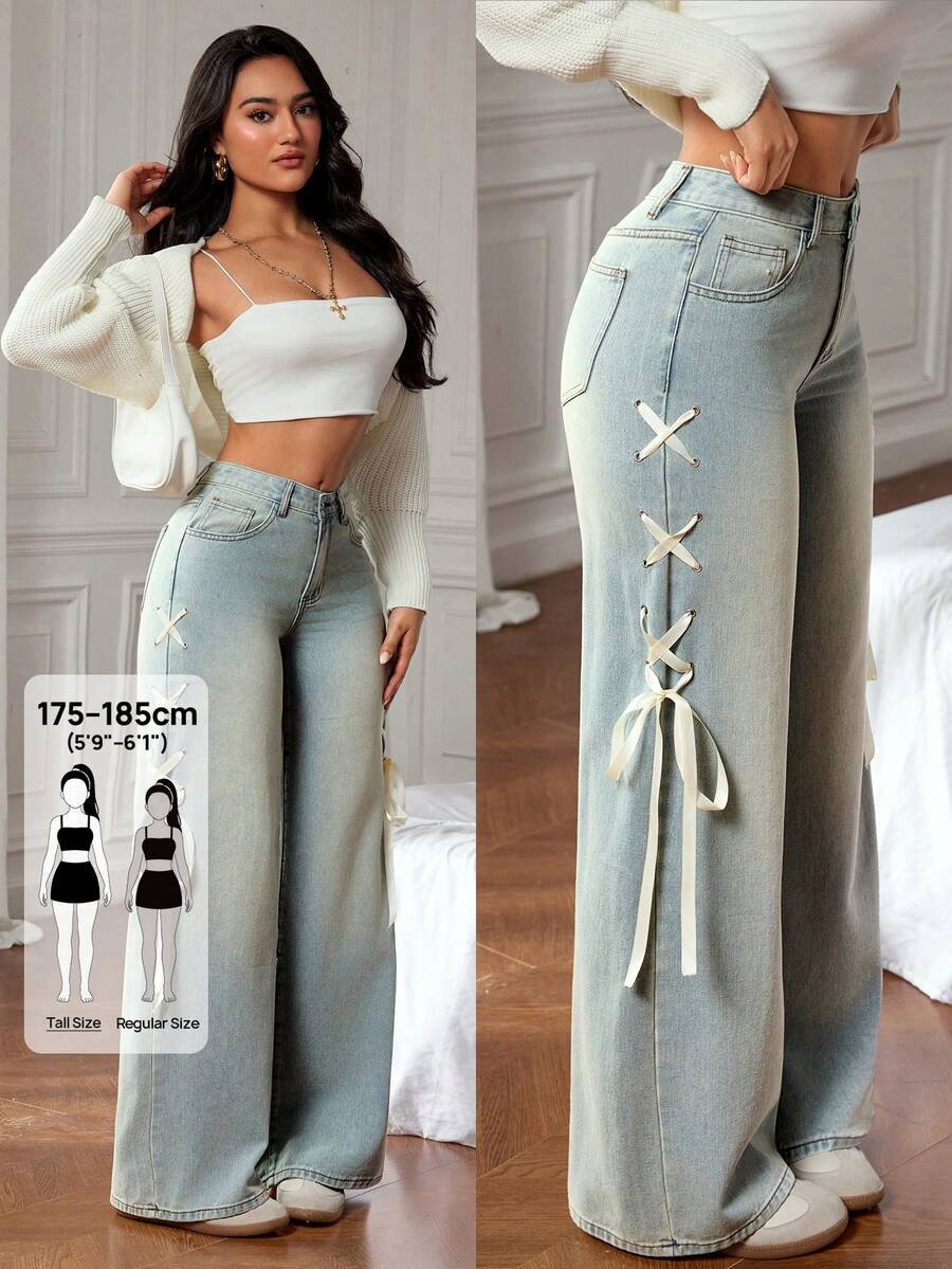SHEIN Tall 純色側綁帶口袋拉鍊休閒寬腿牛仔褲,適合日常穿著,適合高個女性 - 中等水洗藍 - 查看 1