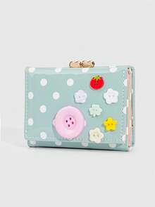 ROMWE Kawaii 1Pc Cute Dopamine Fashion Short Wallet With Polka Dots & Button Decor, Compact Women's Short Purse, Back To School Gift, Portable Daily Card Organizer - Blue - View 3