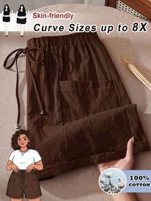 SHEIN CURVE+ 女士加大码时尚休闲宽松短裤，带口袋设计，适合春夏度假穿着 - 棕色 - 查看 1