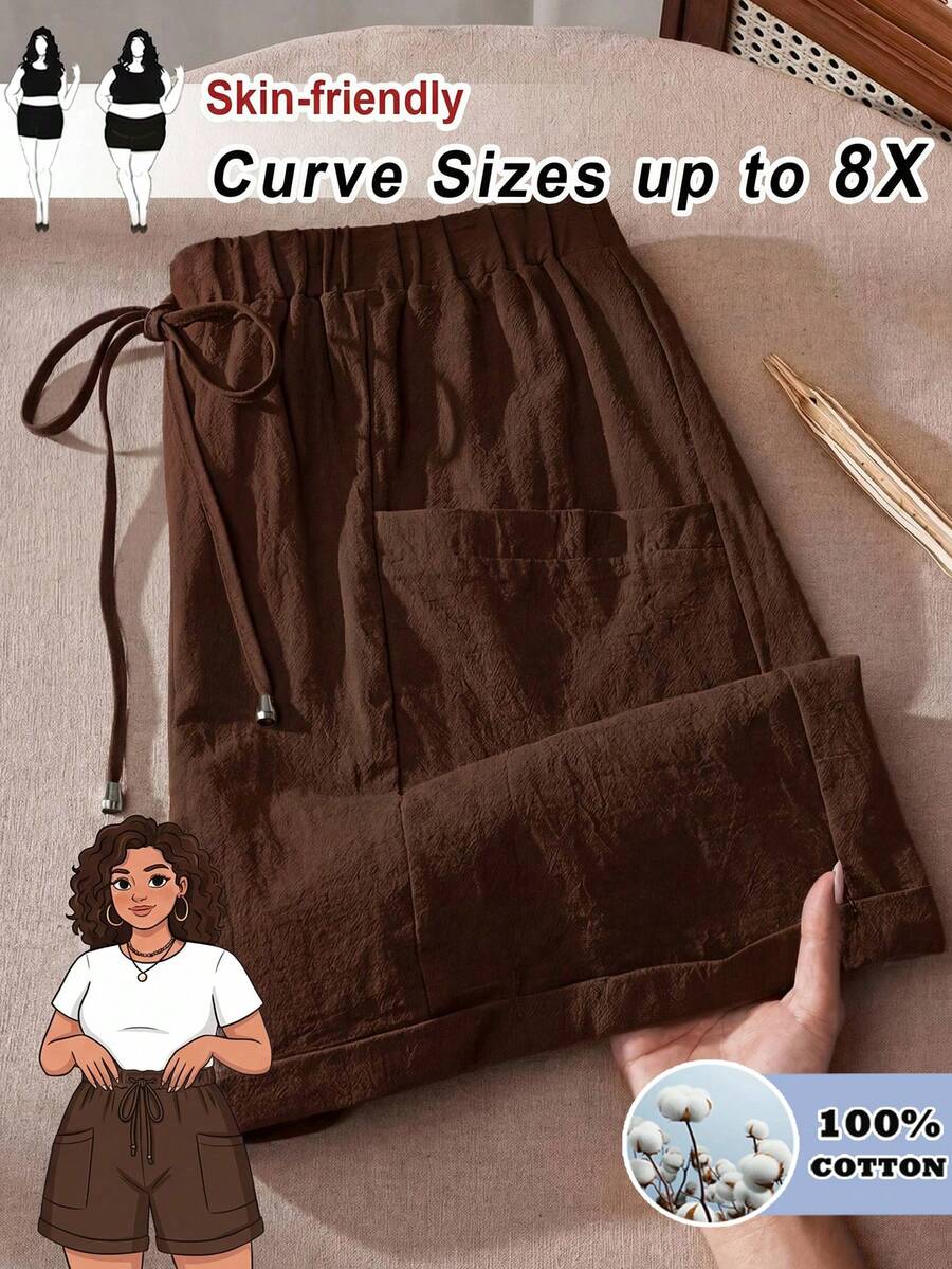 SHEIN CURVE+ 女士加大码时尚休闲宽松短裤,带口袋设计,适合春夏度假穿着 - 棕色 - 查看 1