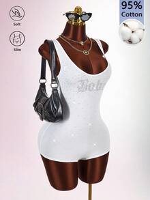 Amplova Women's Large Scoop Neck Rhinestone Decorated Sleeveless Bodysuit - White - View 6