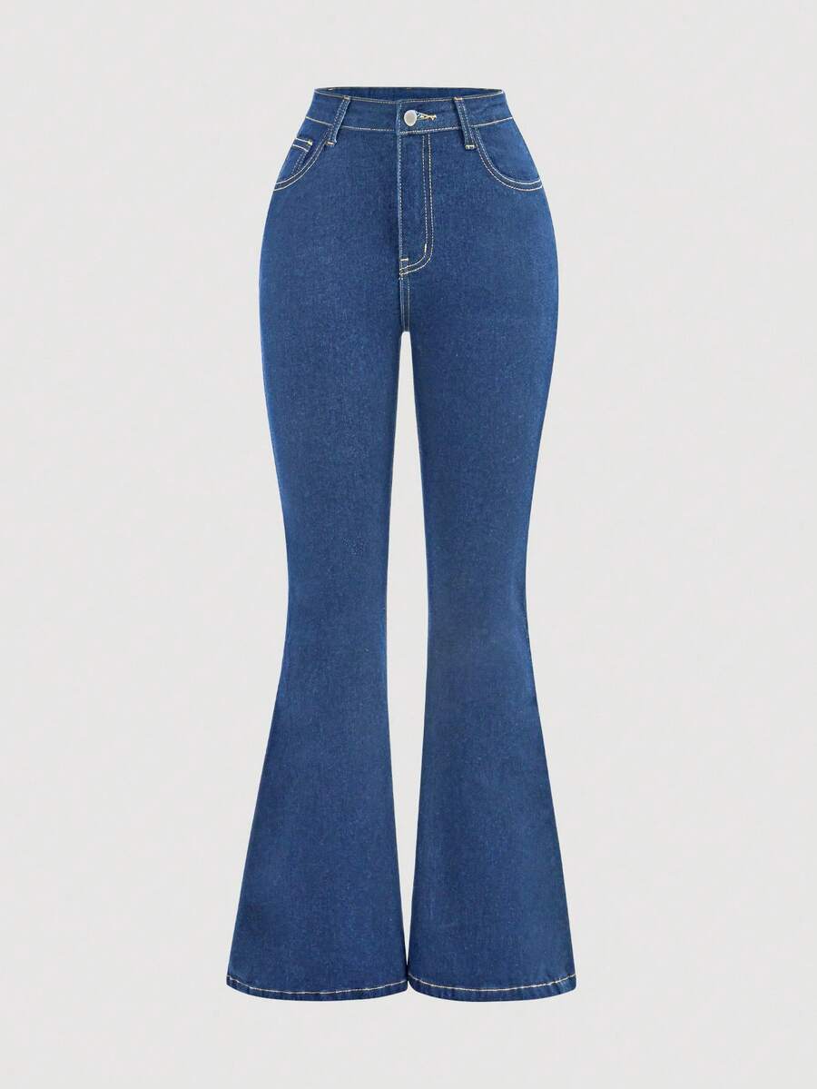 SHEIN Girlism Teen Girl Flare Jeans Suitable For Summer Daily Casual Wear - Medium Wash - View 1