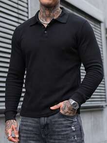 Manfinity CasualCool 男士休閒百搭純色長袖 Polo 衫 - 黑色 - 查看 3