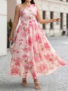 Velvienne Fashionable Elegant Light Pink Women's One-Shoulder Waist-Cinching A-Line Chiffon Printed Maxi Dress Plus Size - Pink - View 5