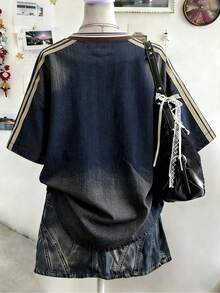 Lalippa Áo thun nữ cổ chữ V, phong cách thời trang đường phố chụp ảnh, món đồ không thể thiếu, thời thượng & đa năng, kỳ nghỉ, in giả denim, thiết kế phối màu, thiết kế đồ họa, số - Nhiều màu - Xem 2