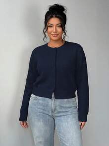 SHEIN Tall CURVE 大尺碼女款純色休閒百搭日常長袖開襟衫 - 藏蓝色 - 查看 7