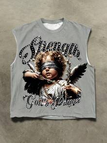 Manfinity Roghcode Men's Casual Fashionable Street Cupid Angel Rhinestone Letter Print Loose Tank Top, Suitable For Daily Commute In Summer, Holiday - Multicolor - View 1