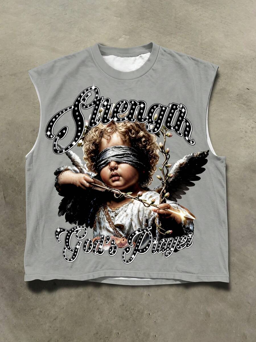 Manfinity Roghcode Men's Casual Fashionable Street Cupid Angel Rhinestone Letter Print Loose Tank Top, Suitable For Daily Commute In Summer, Holiday - Multicolor - View 1