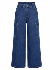 Balvessa Women's Casual Streetwear Versatile Daily Wear Cargo Denim Jeans With Pockets And Buttons Vacation Navy Blue Summer Travel - Dark Wash - View 6