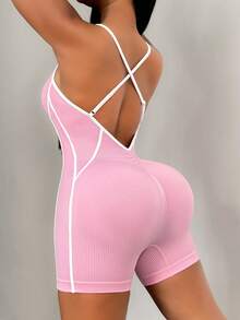 SHEIN Core Rhythm 女款拼色肩帶露背運動連身褲，修身流線瑜伽連身衣，附3英吋短褲，可調節肩帶 - 粉色 - 查看 1