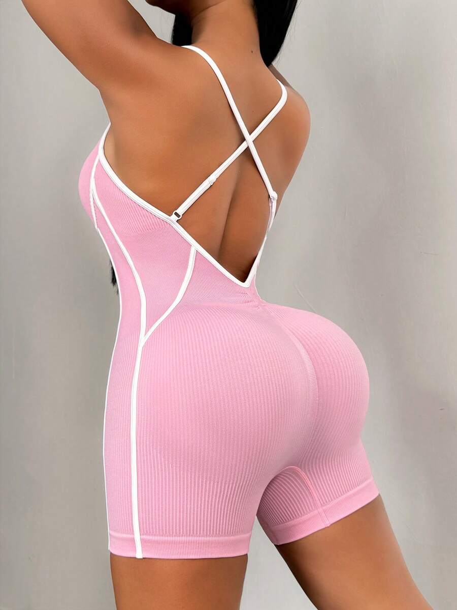 SHEIN Core Rhythm 女款拼色肩帶露背運動連身褲,修身流線瑜伽連身衣,附3英吋短褲,可調節肩帶 - 粉色 - 查看 1