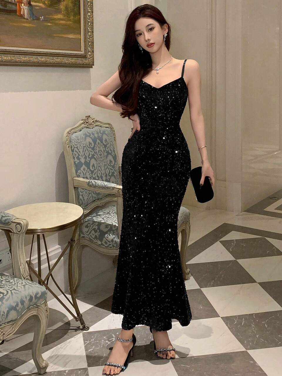 Sequin Spaghetti Strap Women's Party Dress,Black Summer Elegant Holiday Party Birthday New Year Eve Prom Sundress Homecoming Luxury Sparkly Dress