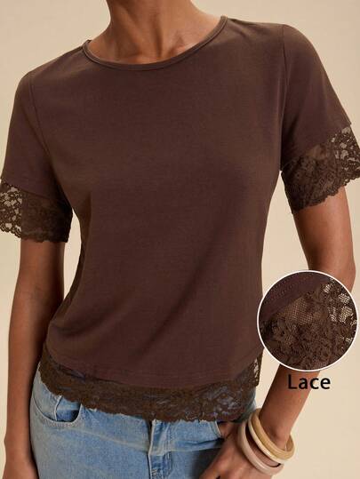 Travachic Women's Spring/Summer Short Sleeve Elegant Commuter Versatile Round Neck Lace Trim Cuffs & Hem Burnout Back Design T-Shirt