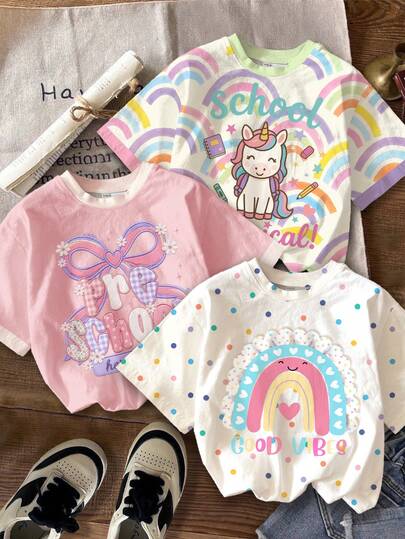 Lindo Unicornio Arcoíris, Aquí Vengo a la Escuela Preescolar, Conjunto de 3 Camisetas de Manga Corta con Cuello Redondo Casual para Niña Joven, Adecuado para Uso Diario, Temporada de Regreso a la Escuela, Estilo Femenino, Niña con Estilo, Ropa Escolar