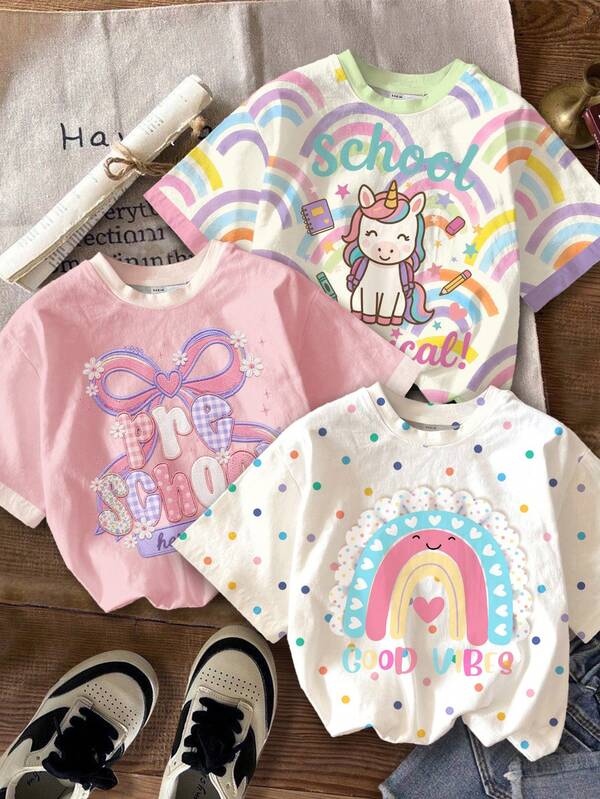Cute Rainbow Unicorn, Pre School Here I Come, Young Girl Casual Crew Neck Short Sleeve T-Shirt 3pcs Set, Suitable For Daily Wear, Back To School Season, Girly Style, Stylish Girl, School Wear