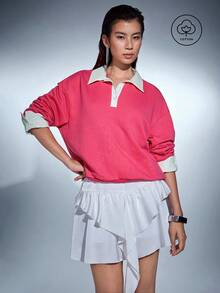 MERLEAU Women's Light Pink White Long Sleeve Polo Shirt Half-Zip Pullover Streetwear Athletic Colorblock Sweatshirt 2 In 1 School Fall Everyday - Hot Pink - View 4