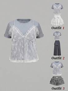 SHEIN MOD 大尺碼 2 合 1 蕾絲拼接圓領 T 恤 - 灰色 - 查看 2