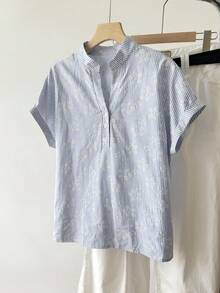 Tseoso 女款條紋花卉刺繡圖案休閒百搭日常穿著襯衫 - 藍白色 - 查看 8