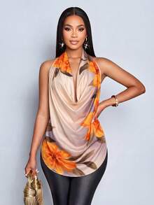 SOLERSUN Elegant Floral Print Top For Women, Perfect For Spring/Summer, Stylish For Vacation Parties. Vacation Beige Summer Sexy - Brown - View 7
