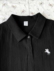 青少年女孩黑色 Polo 領刺繡圖案荷葉邊休閒洋裝，校服風格，適合學校、戶外活動、購物、日常穿著 KIDS - 黑色 - 查看 7
