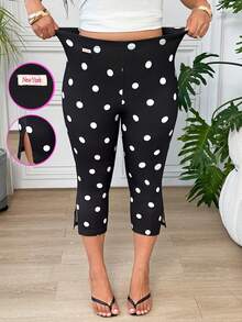 SHEIN EZwear 波點大尺碼女款法式風格彈性開衩七分褲 - 黑與白 - 查看 1