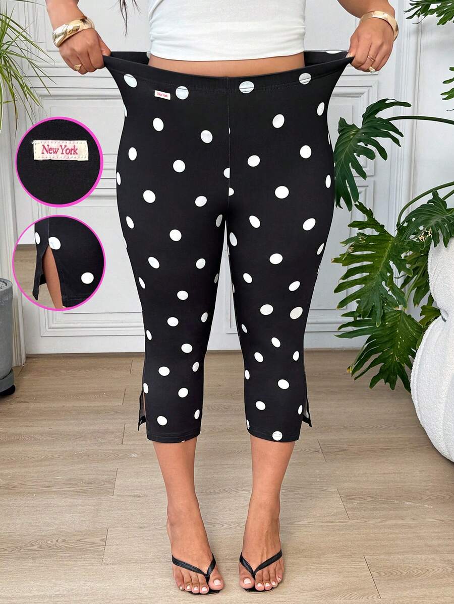 SHEIN EZwear 波點大尺碼女款法式風格彈性開衩七分褲 - 黑與白 - 查看 1