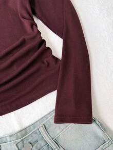 Tween Girl Lace Square Neck Simple Versatile Comfortable Fashion Top Suitable For Daily Wear, Party, Outing Fall/Winter - Burgundy - View 4